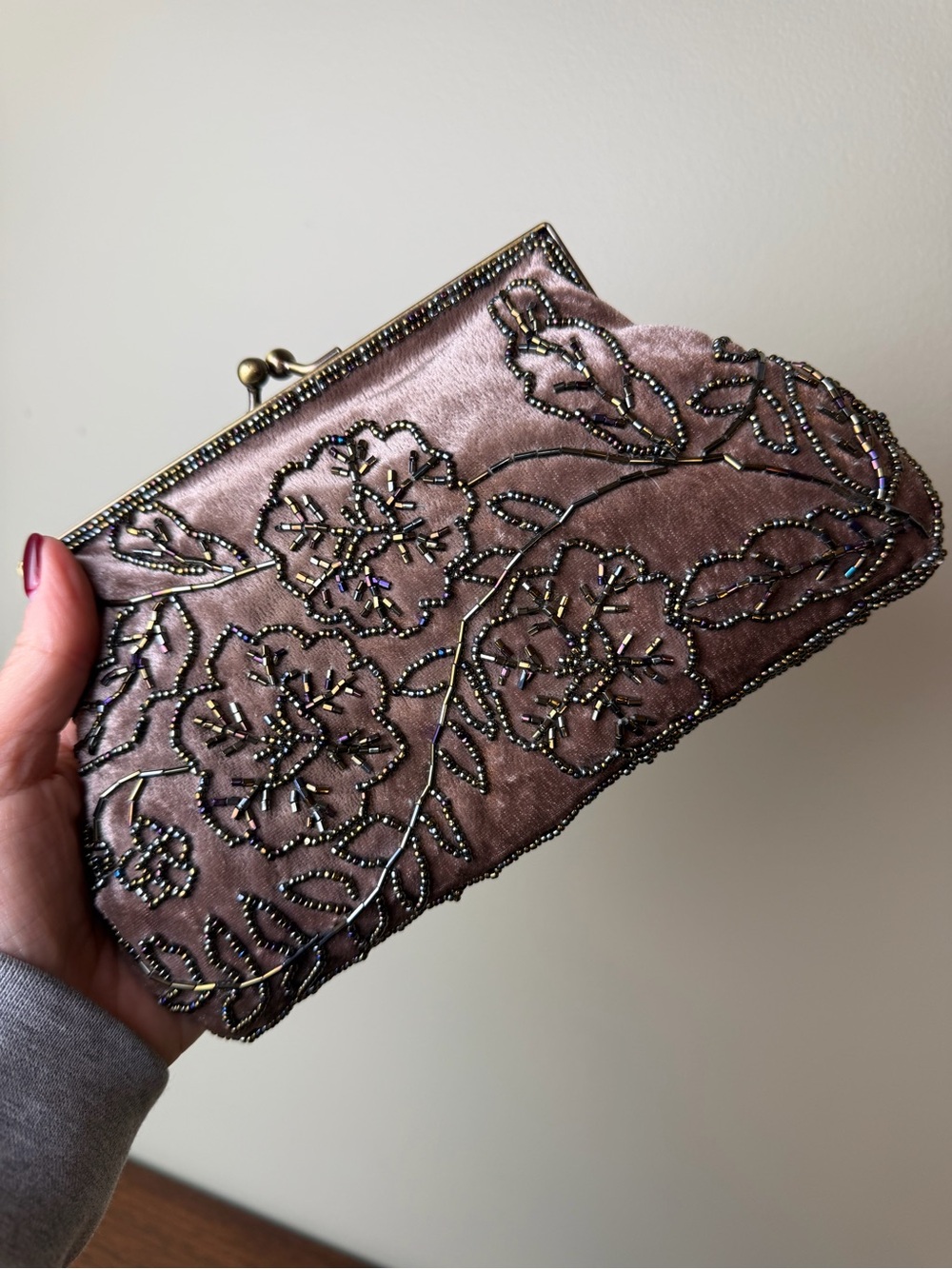 Beaded Floral Velvet Evening Clutch - Removable Chain Strap